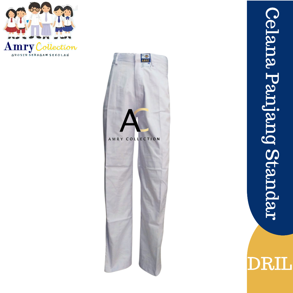 Seragam Sekolah SMA/SMP Celana panjang Saku Levis Standar DRIL PUTIH By.Amrycollection