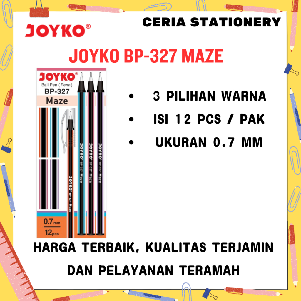 

Pulpen Joyko Maze BP-327 Pak isi 12 Pcs / Ball Point BP 327 0.7 mm Lusinan / Bal Pen Bolpen Kantor Sekolah