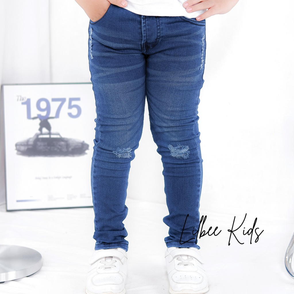 LILBEE Celana Jeans Anak Laki Laki Ripped Sobek Levis Keren Premium Denim Biru Stretch CD 007