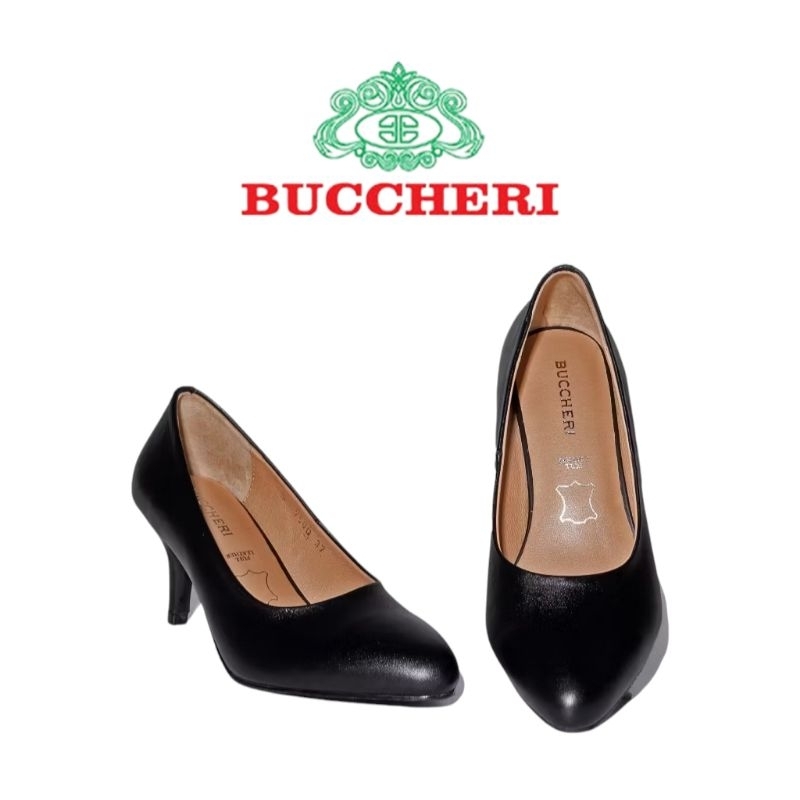 BUCCHERI HELICA Sepatu Hak Tinggi Hitam Full Kulit Polos-s7500-BLack