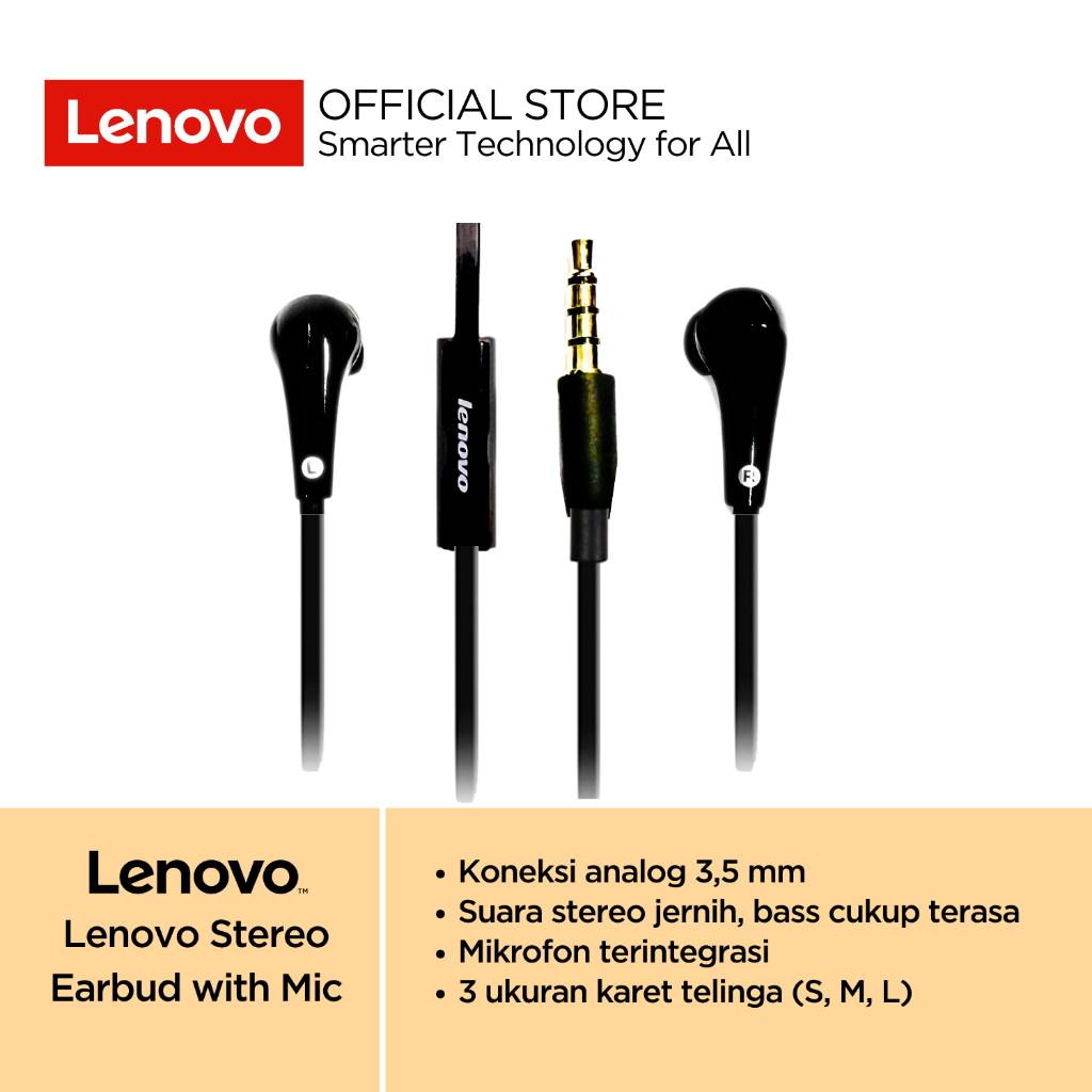 Lenovo Stereo Earbud with Mic LS118 Black Wired Earbuds Analog 3.5mm Garansi 1 Tahun