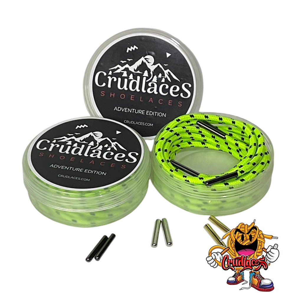 Tali Sepatu Gunung Bulat Premium Hijau Stabilo Motif Hitam dengan Aglets Metal Besi - Crudlaces