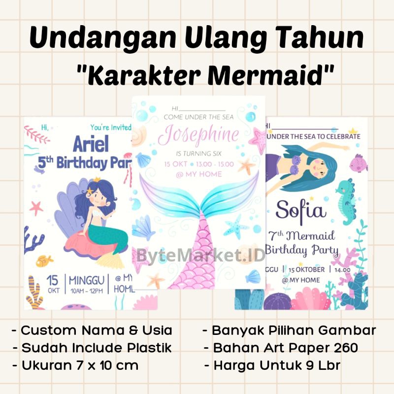 Undangan Ulang Tahun - Mermaid Custom  Undangan Ultah Anak
