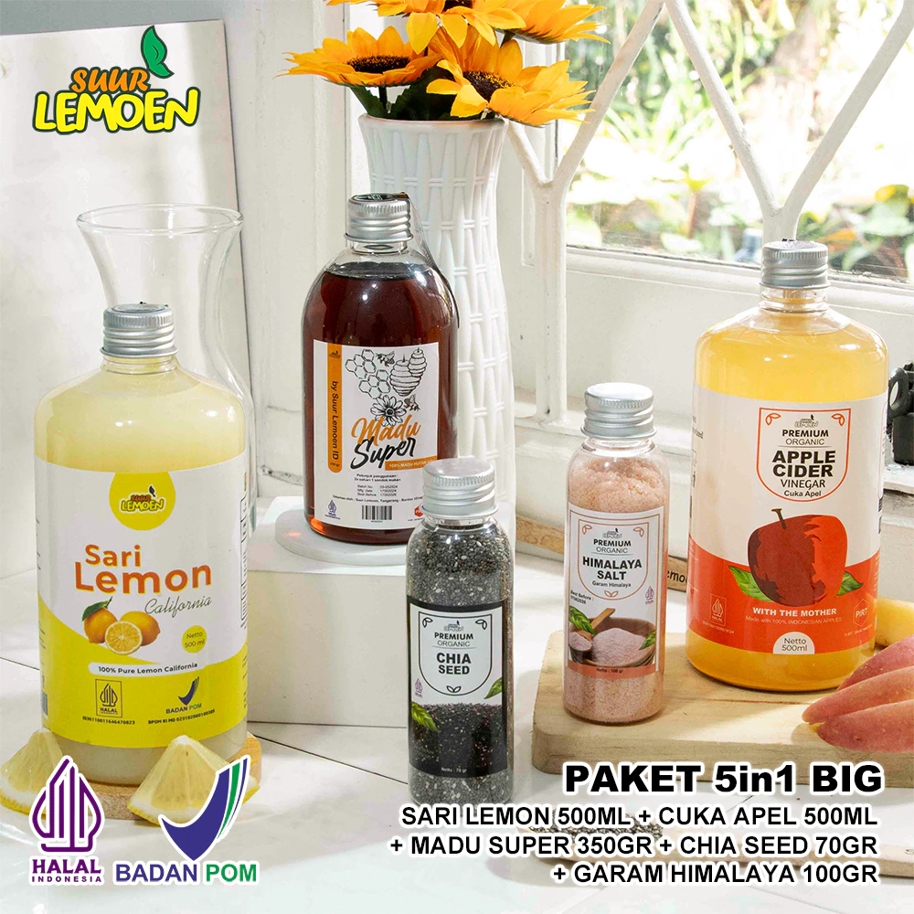 

Paket Diet dan Detox 5in1 BIG - Paket Hemat Cuka Apel, Sari Lemon, Chia Seed, Madu Hutan, Himsalt