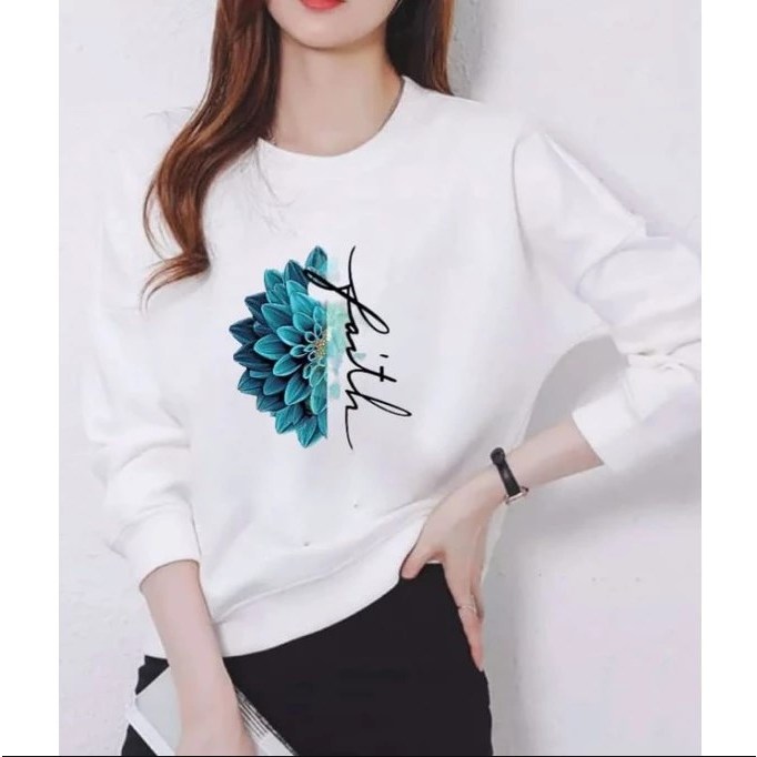 Sweater Bunga Faith Kaos Lengan Panjang Viral Wanita Terbaru Distro Atasan Lembut Printing Tebal COD