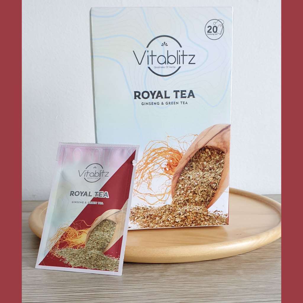 

Teh Celup Teh Hijau Murni Bahan Herbal Alami dengan Ginseng Vitablitz Royal Tea Kaya Antioksidan