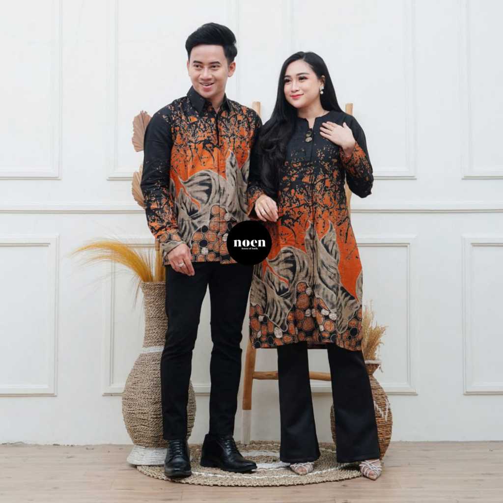 Batik Couple Pria Wanita Premium Kemeja Pria Panjang Dan Tunik Batik Motif Daun Kelor
