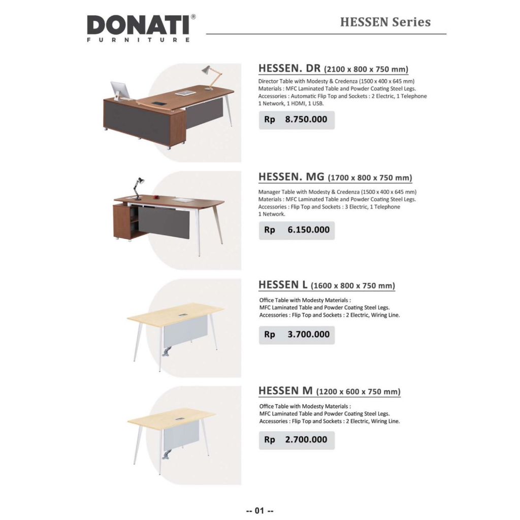 Meja Kantor Donati HESSEN. DR, MG, L, M, WS FIX 2P, WS 2P, WS 4P, WS 6P, MT 1, MT 2
