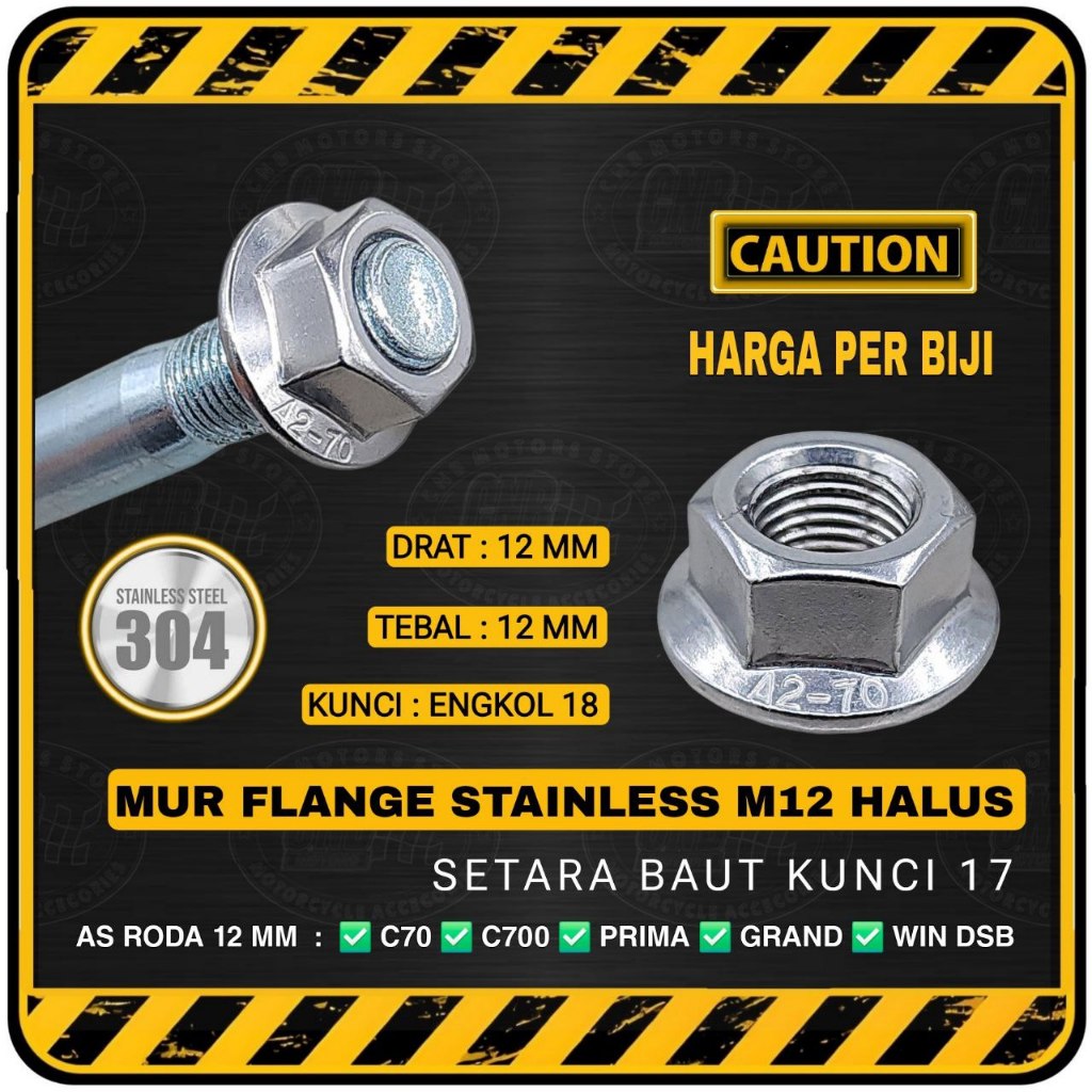 Mur Flange STAINLESS M12 Halus Setara untuk Baut Kunci 17 || As Roda Arm GRAND GL PRO MEGAPRO dsb
