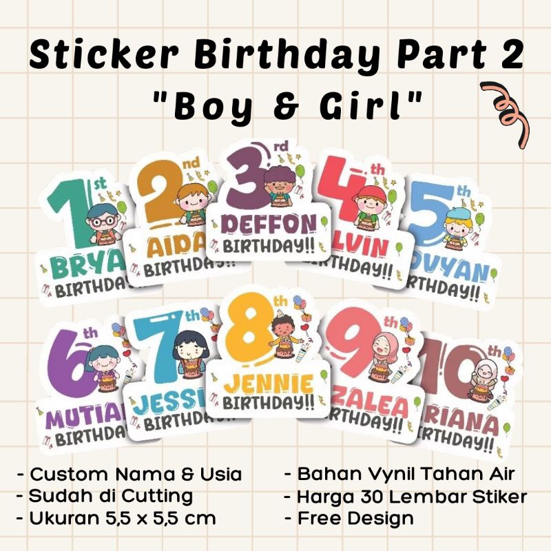 

30 pcs Stiker Birthday Ulang Tahun Anak Bentuk Angka Lucu CUSTOM PART 2 | Birthday Sticker Anak Souvenir
