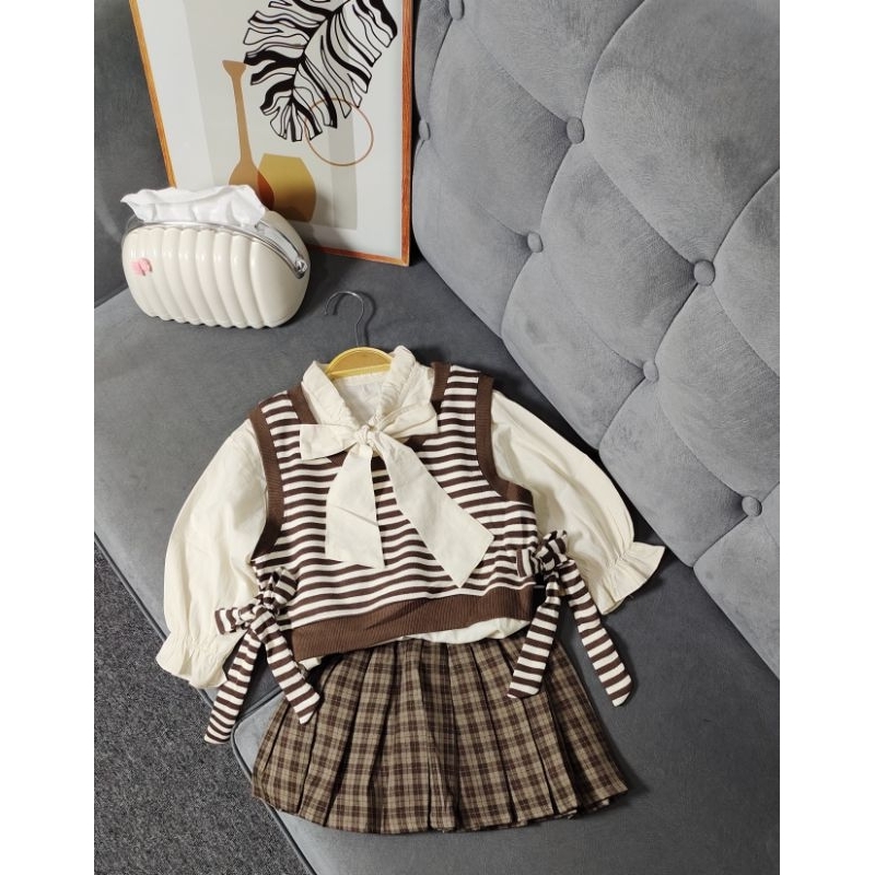 SETELAN KEMEJA VEST 3IN1 ANAK PEREMPUAN IMPORT