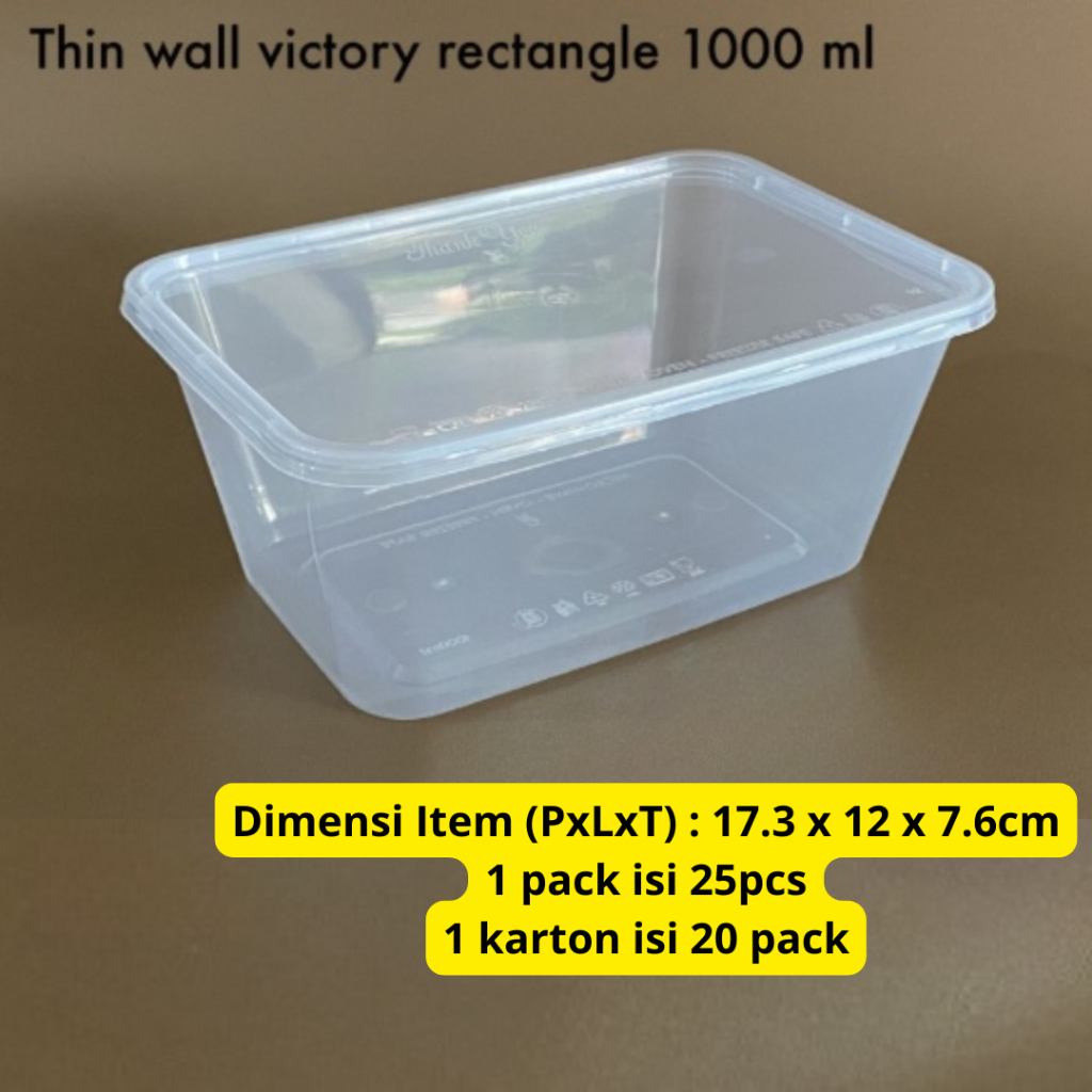 Thinwal Rectangle 1000ml bening Food Container tepak makan Kotak Makan plastik 1000ml isi 25pcs