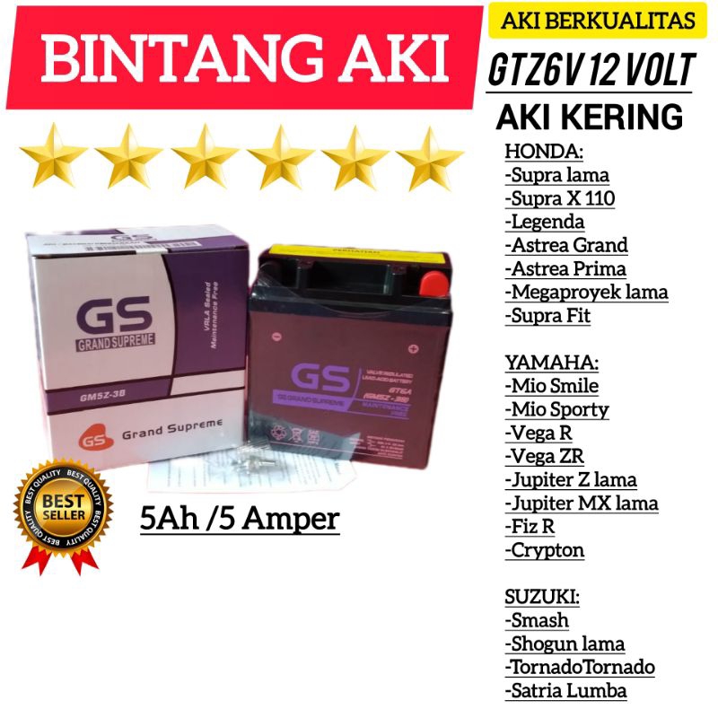 AKI MOTOR GS Grand Supreme Aki Kering Accu kering GM5Z-3B 12 Bolt 5Ah/ 5 Ampere