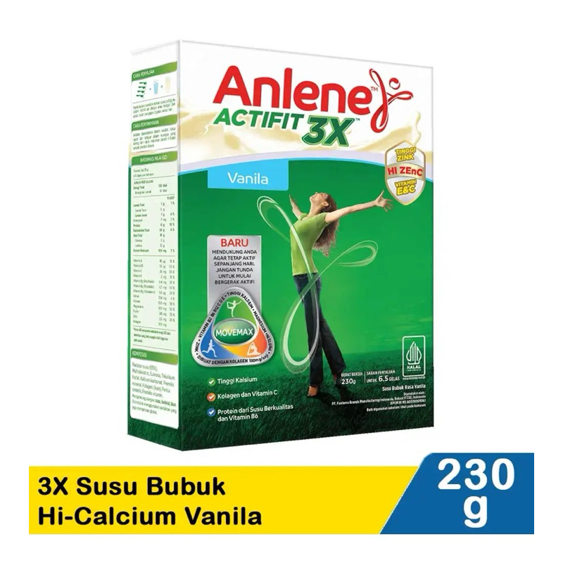 

Anlene Actifit 3x Susu Bubuk dewasa tersedia rasa vanila dan Cokelat 230 gram