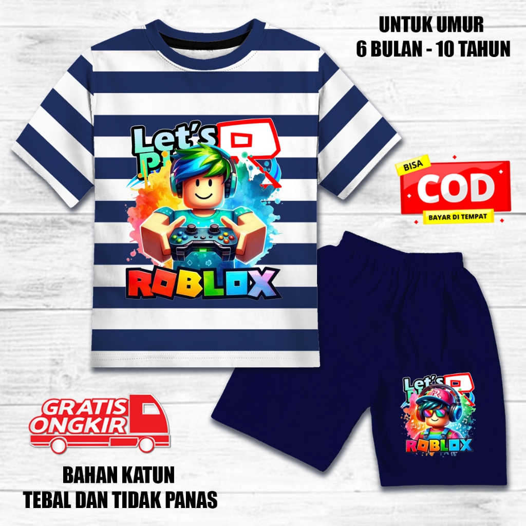 Setelan salur anak laki laki perempuan lengan pendek set baju kaos pendek katun roblox 2