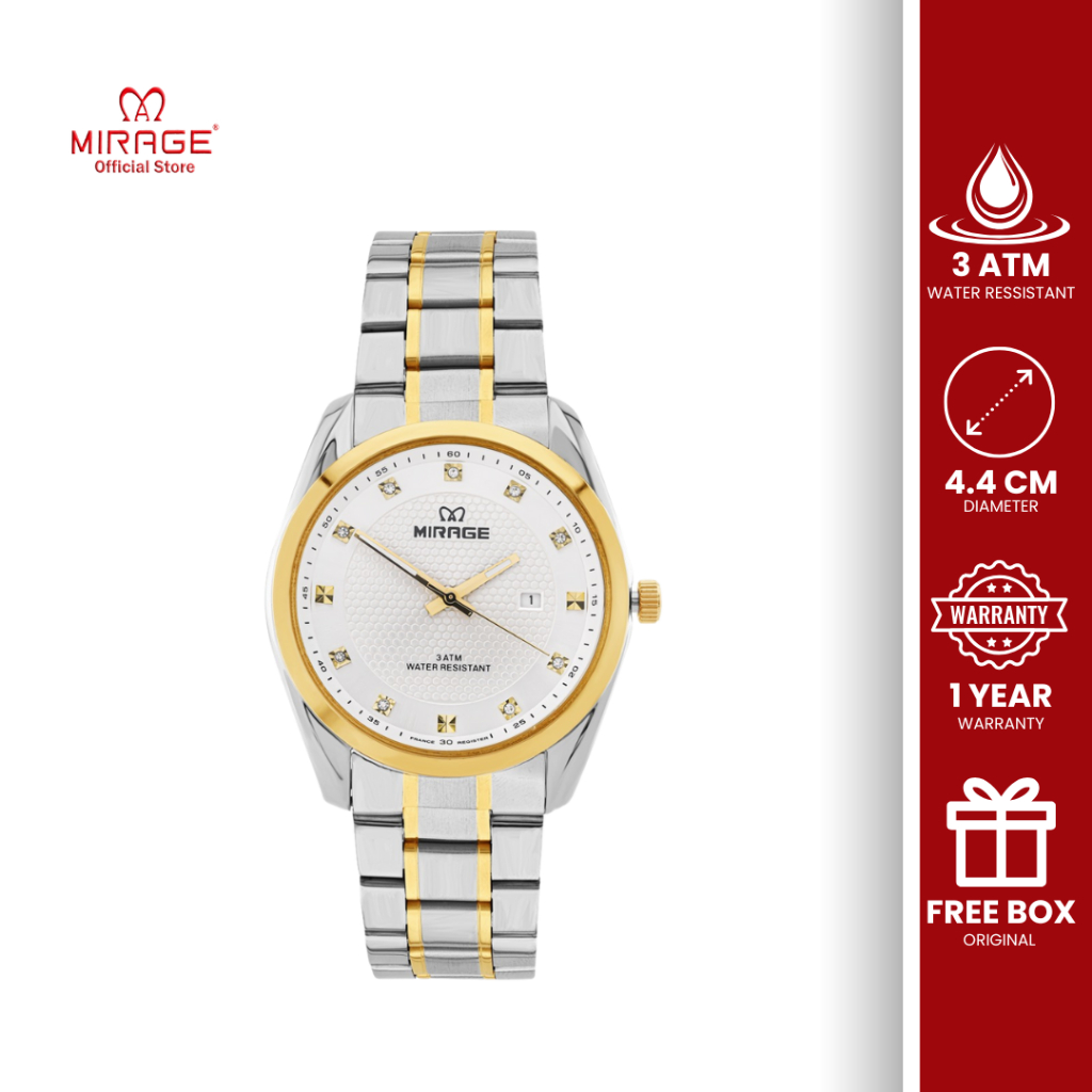 Mirage Jam Tangan Pria Asli Original Analog Mewah Kombinasi Silver Gold 8791 M Anti Karat Tahan Air