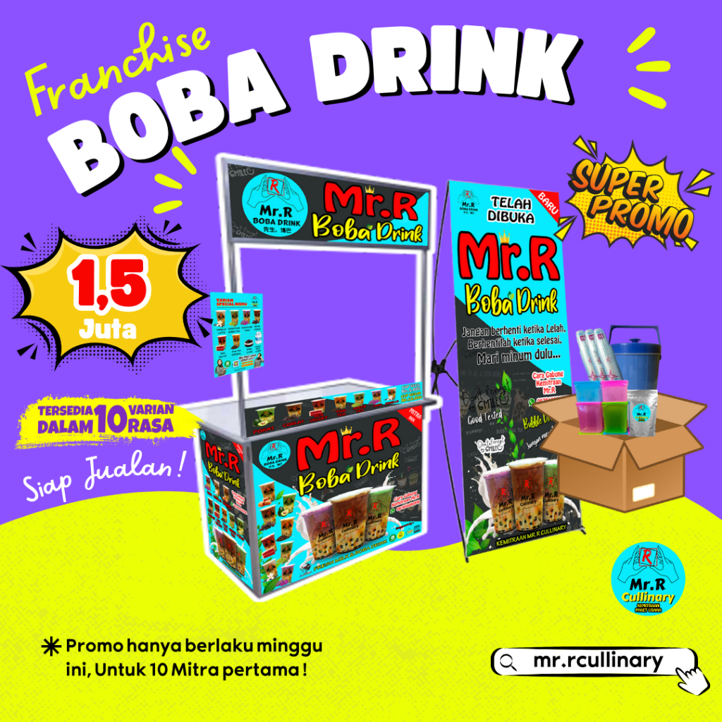 

PROMO PAKET USAHA MR.R BOBA DRINK *LANGSUNG JUALAN* ( GROBAK, ALAT JUALAN,DAN BAHAN BAKU)