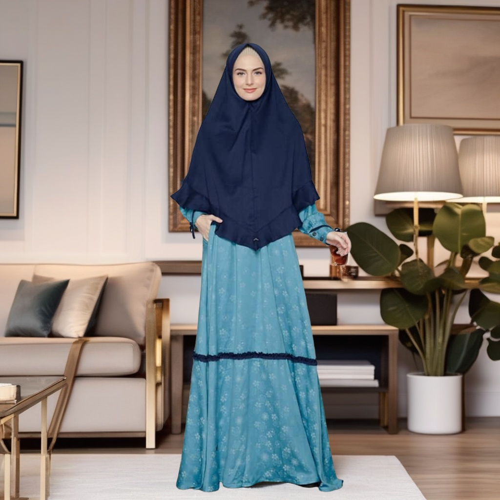 BAJU DRESS JUMBO GAMIS HIJAB NIBRAS PREMIUM HAITWO GM 84 BLUE STONE