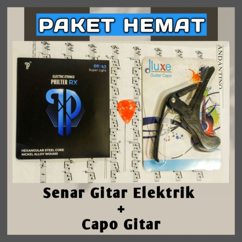 Paket Hemat Senar Gitar Elektrik Listrik Philter Dan Capo Jepitan Gitar