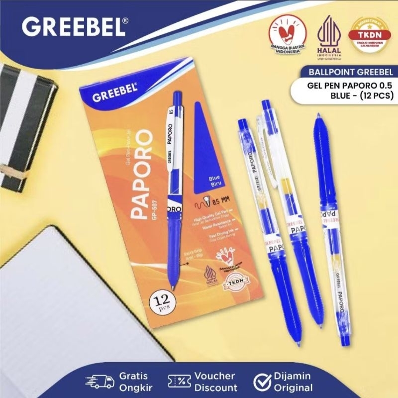 

Gel Pen Paporo GP-507 Biru 0.5 / Greebel Pulpen Gel (12 pcs)