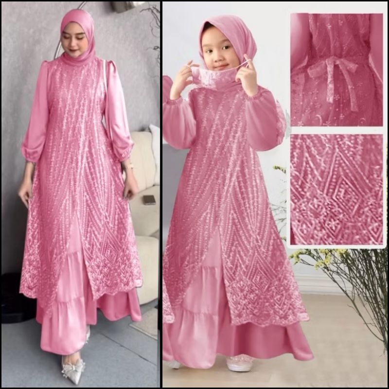 (NEW) ELINA DRESS - BAJU MAXY MAXI DRESS GAMIS BRUKAT BROKAT LAPIS FULL SATIN IBU ANAK WANITA DEWASA