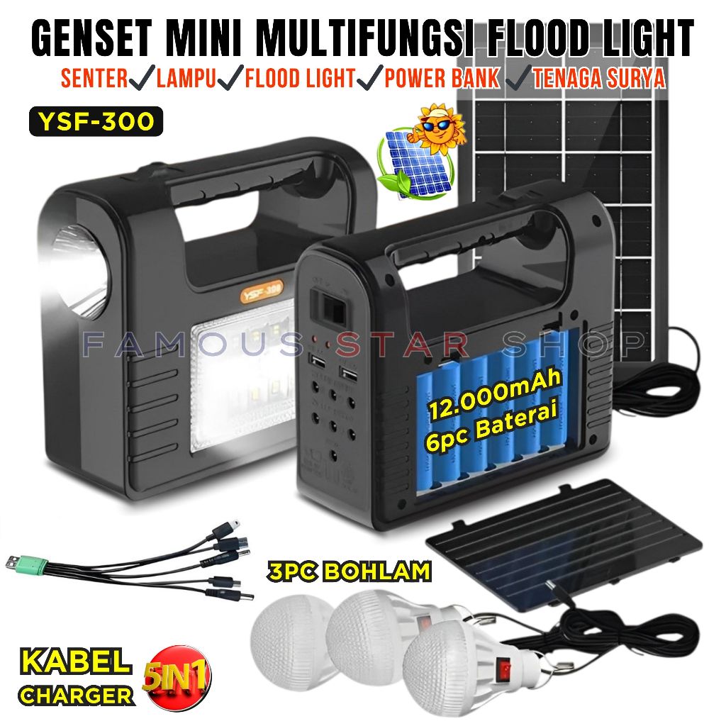 12.000mAh Genset Mini Portabel Power-Bank Solar Light Lampu Panel Surya Lampu Tenaga Surya Solar Pan