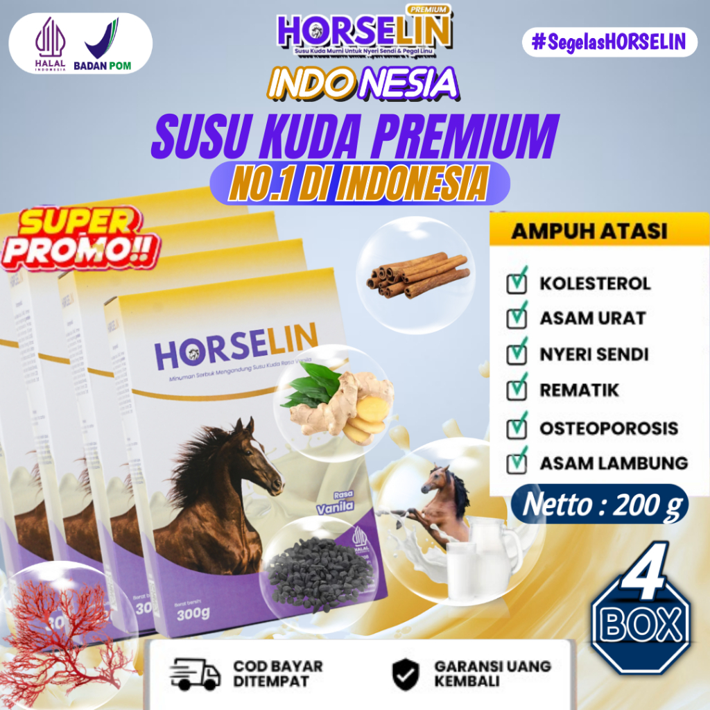 

Horselin Susu Kuda Premium 200gr Original Asli Sumbawa Atasi Nyeri Sendi Pegal Linu Asam Urat 4 BOX