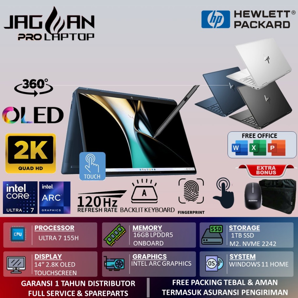 Laptop UltraBook Tipis HP SPECTRE X360 14 Intel EVO Ultra 7 155H RAM 32GB DDR5 2TB SSD OLED 120HZ To