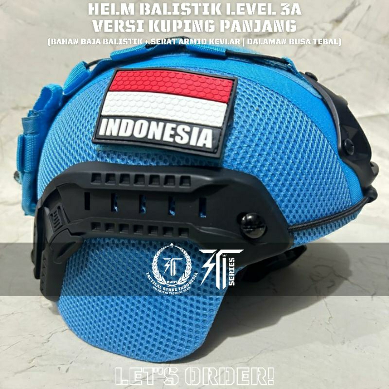 TSI SERIES ® 100% ORIGINAL HELM BALISTIK LEVEL 3A COVER VERSI KUPING PANJANG Tali Putar - BIRU UN - 