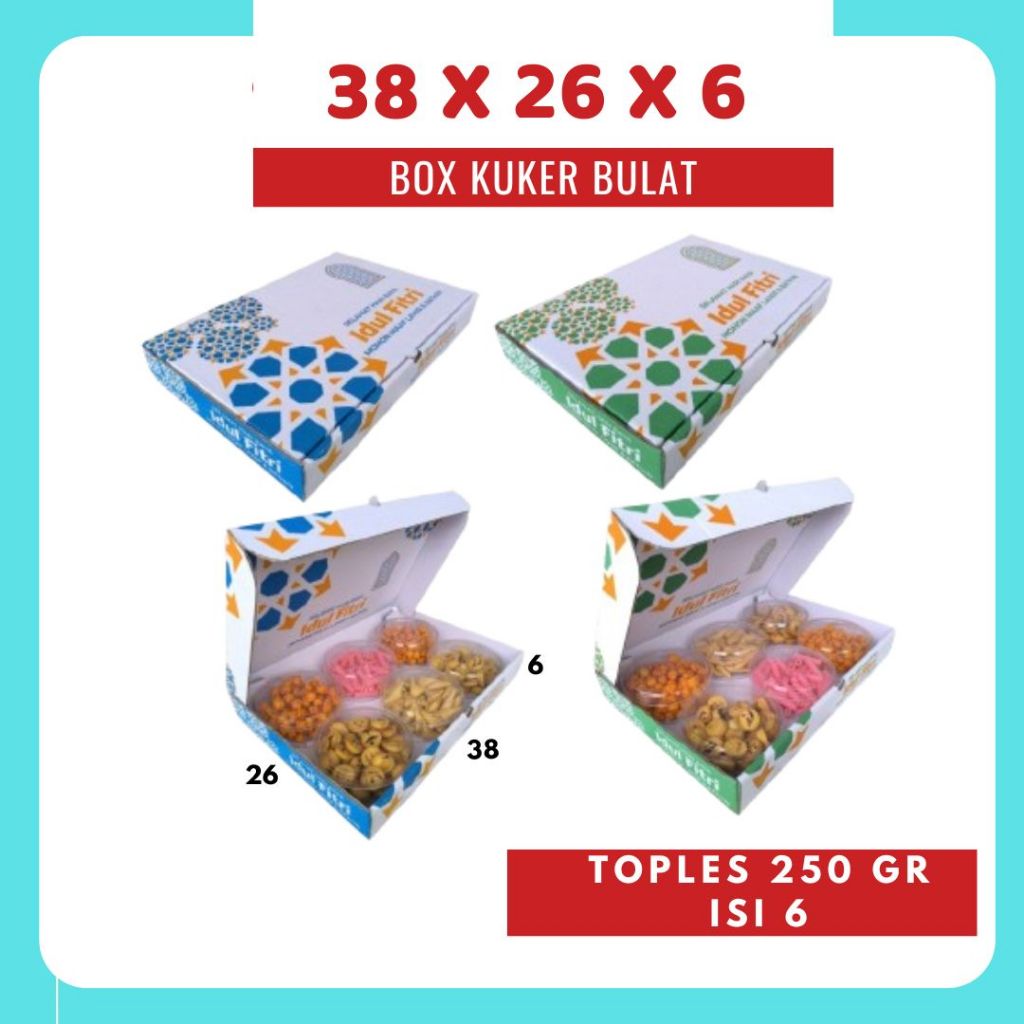 

Box Kue Kering 38x26x6 LD Box Kuker 250 gr Isi 6 / Kardus Packing Lipat_Depan / Kuker/ Hampers/Oleh oleh/ kue_Kering Idul Fitri Polos/Motif