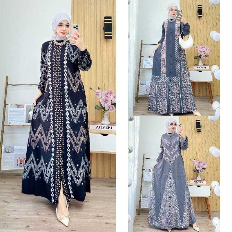 Aneka Dress Gamis Rayon Twill Cap Premium Motif Batik Etnik Zigzag Garis Polos
