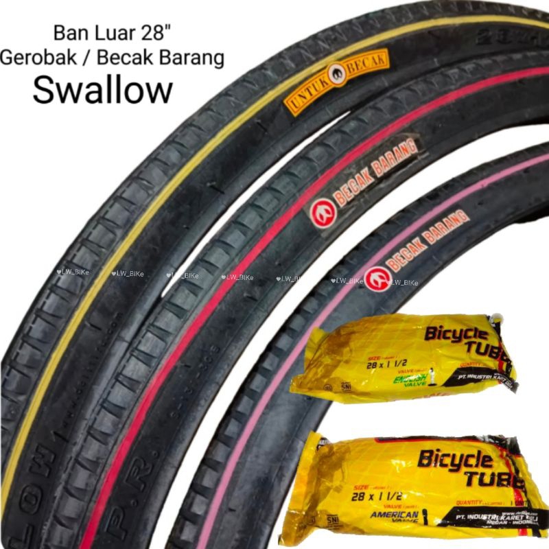 Ban Luar Gerobak 28 x  1 1/2 Becak Swallow List Merah /Pink/Kuning