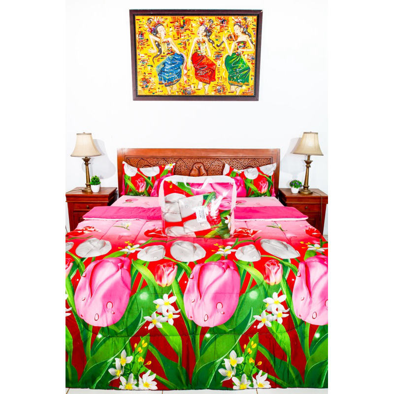 BEDCOVER PREMIUM SET SPREI VARIAN MOTIF TULIP PINK
