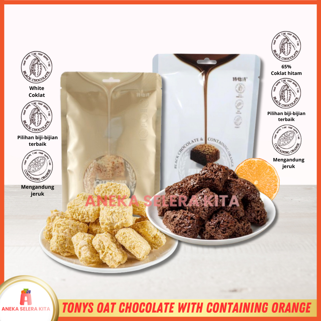 

Aneka Cemilan Coklat Tonys Oat Chocolate & White Chocolate With Containing Orange 60gr