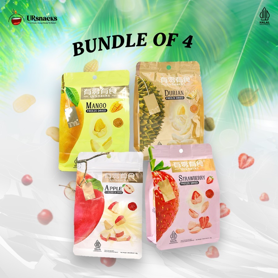 

URSNACKS Bundle Of 4 - Freeze Dried Keripik Buah Asli Rasa Strawberry + Apel + Mangga + Durian - Halal BPOM Ready To Eat