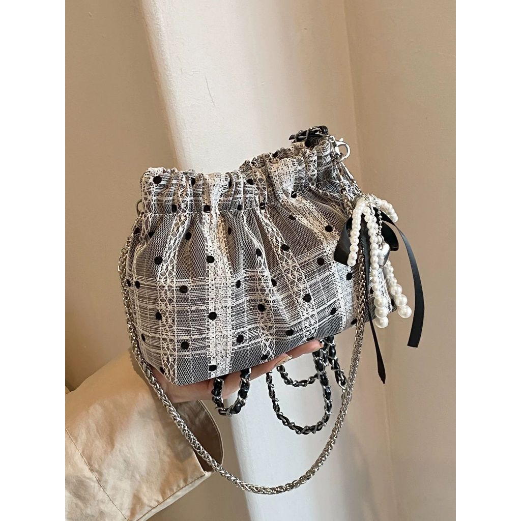 Tas Selempang Wanita 8228 Bucket Bag Serut Tali Rantai Pita Mutiara Fashion
