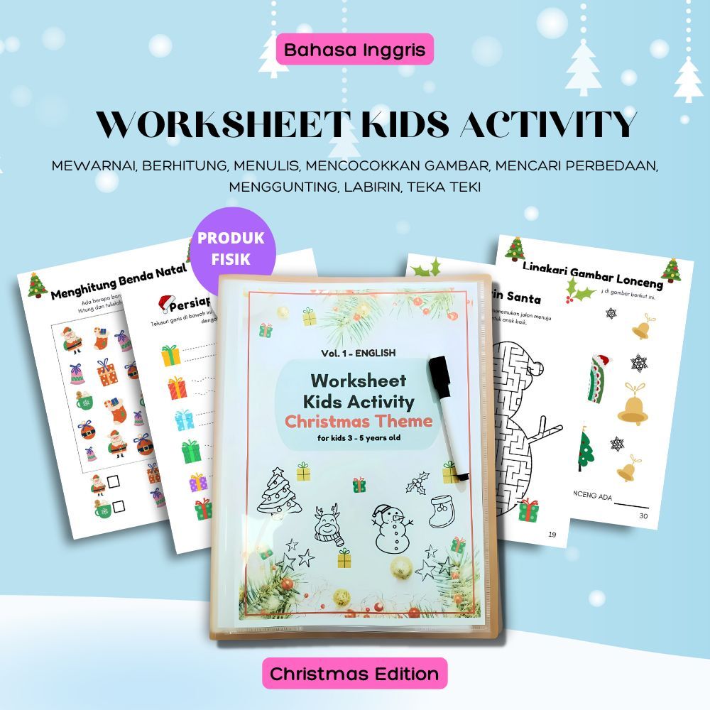 Worksheet Aktivitas Anak 40 Lembar Kerja Tema Natal Bahasa Inggris, usia 3-5 tahun PAUD/TK