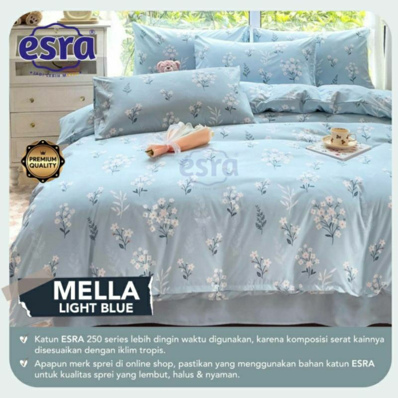Bedcover + sprei anti geser katun esra motif MELLA biru