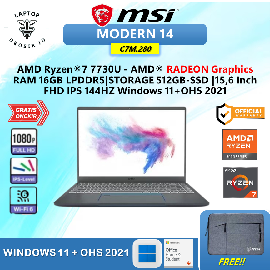 MSI MODERN 14 RYZEN 7 7730 16GB 512GB W11+OHS 14.0FHD IPS