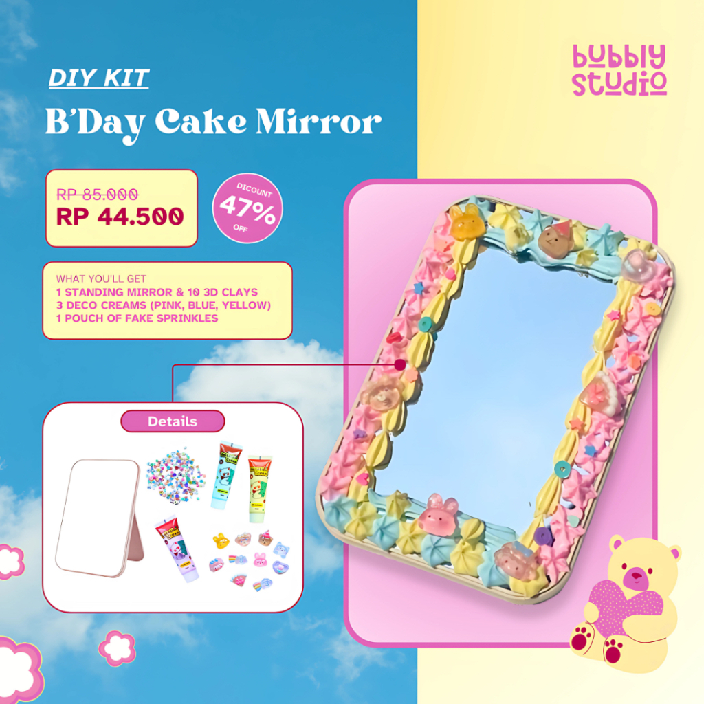 DIY KIT - Birthday Cake Mirror | Deco Cream | Hadiah Unik | Kaca Deco Clay | Cermin Aesthetic | Souv