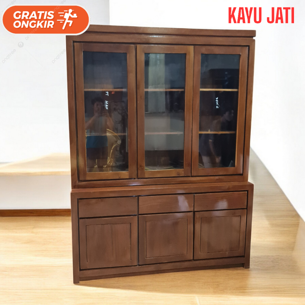 Lemari Buku 3 pintu kayu jati minimalis- Lemari hias minimalis kaca- Rak buku minimalis kayu jati