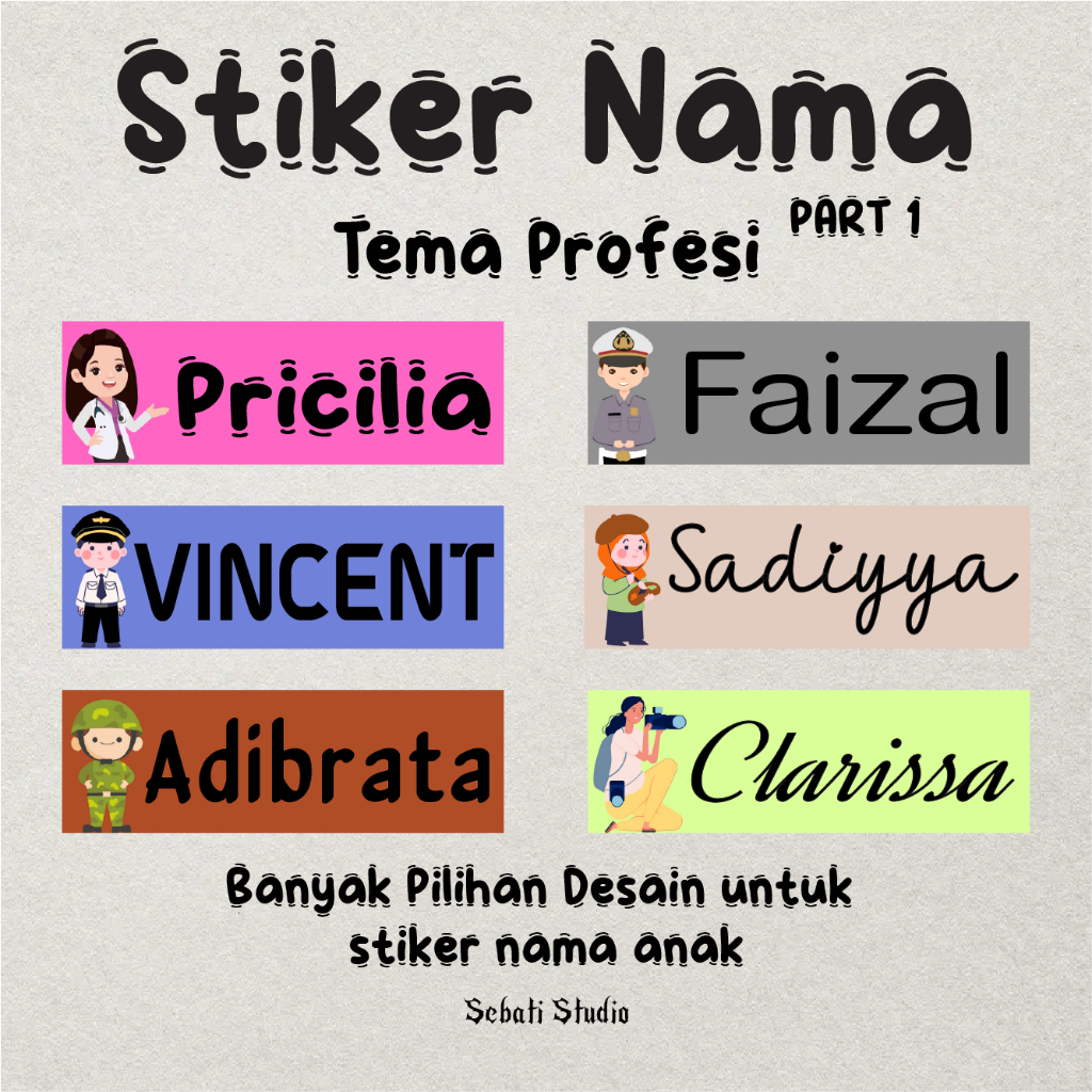 

Stiker Nama Tema Profesi PART 1 Cetak Stiker Kain Sablon & Stiker Barang (50pc)