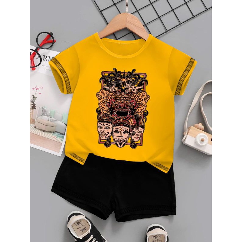 SETELAN ANAK TOPENG BARONG ONE SET/SABLON DTF/SABLON DIGITAL/BAJU DAN CELANA ANAK
