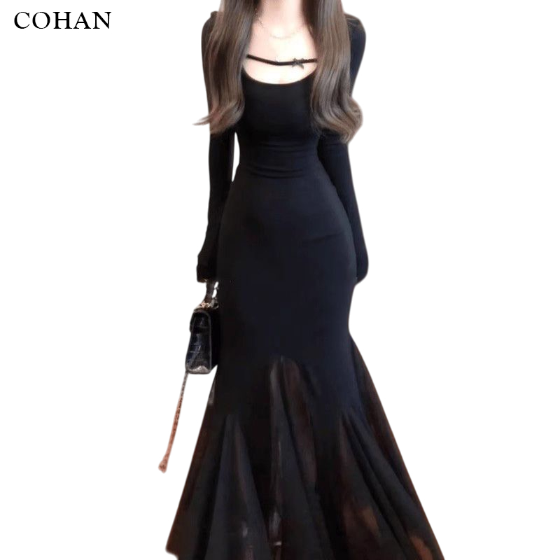 Gaun Hitam Lengan Panjang Formal Casual Korea - Dress Wanita