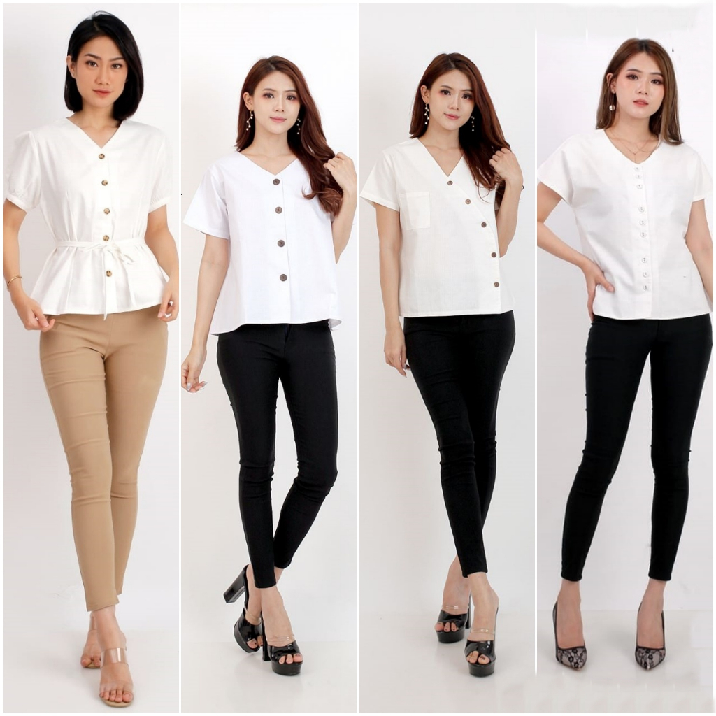 Baju Atasan Putih Wanita Woman Blouse White Top Kemeja Cewek Blus Kantor Kerja Bahan Katun Uniqlo Te