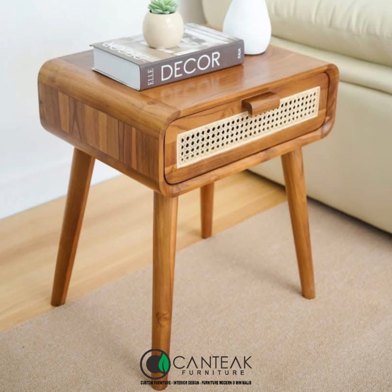 Nakas rotan-Nakas tempat tidur-Nakas jati kombinasi rotan