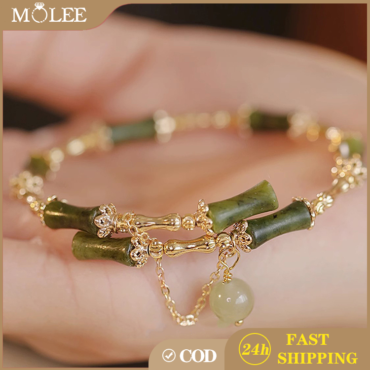 【1.1 Promo】MOLEE Gelang Giok Wanita Cina Gelang Giok Bambu Berlapis Emas 18K Gelang Giok Bambu Kuali