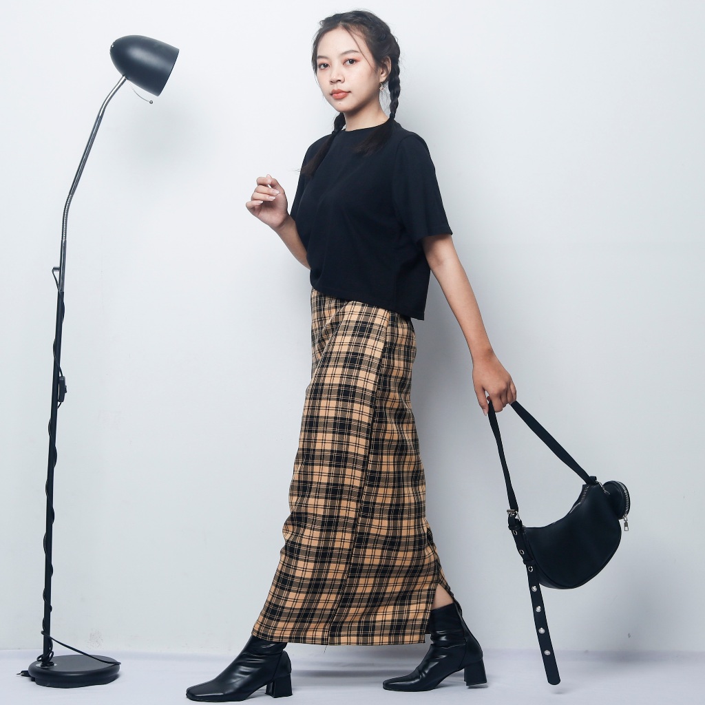 Rok Tartan Highwaist Kotak Kotak Maxi Rok Panjang/Rok Highwaist Vintage