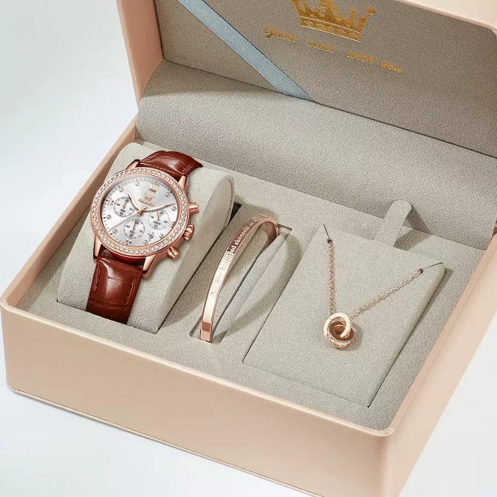 OLEVS Jam Tangan Wanita  + Gelang + Kalung Set Korea Kado Luxury Stainless Steel Women Watch