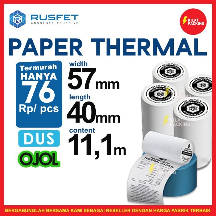 

Kertas Thermal Struk Kasir Paper Thermal 57x40mm Rusfet Dus Ojol